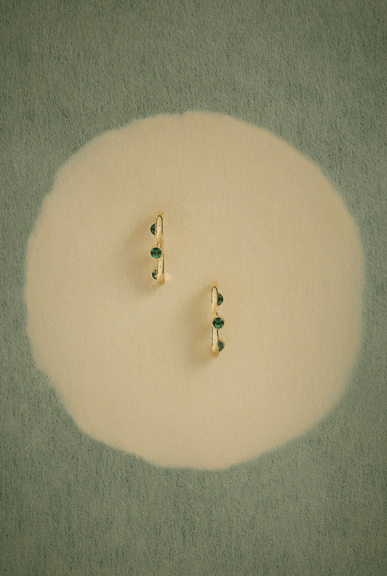 Apparatta earrings on a cream spotlight against a sage paper ground